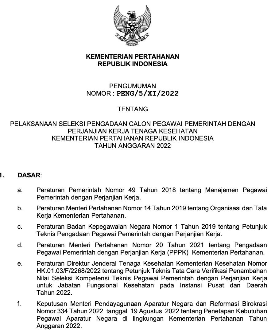Formasi Resmi PPPK 2022 Kementerian Pertahanan
